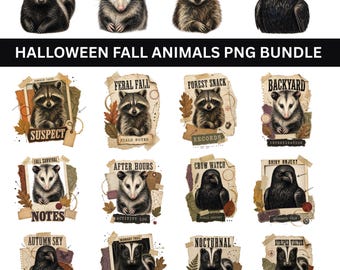 Halloween Fall Animals PNG Bundle, 16 Vintage Feral Raccoon Opossum Skunk Crow Designs, Autumn Scrapbook Sublimation, Digital Download