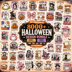 Bundel met meer dan 8000 Halloween SVG- en PNG-bestanden, retro herfst- en Halloween-clipart, griezelig seizoen, grappige heks, spook en pompoen met sublimatieprint, schattig horrorontwerp.