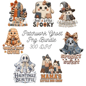 Paquete de imágenes PNG de fantasmas de Halloween con retazos, diseño de camiseta con lazo de fantasma adorable, sublimación de fantasma de bruja espeluznante, calabaza coqueta femenina, descarga digital