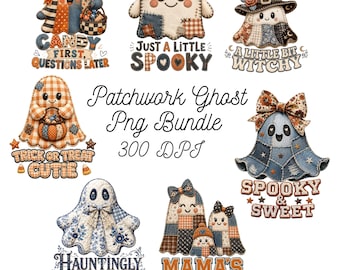 Patchwork Halloween Ghost PNG Bundle, Cute Ghost Bow Shirt Design, Spooky Witch Ghost Sublimation, Girly Coquette Pumpkin, Digital Download