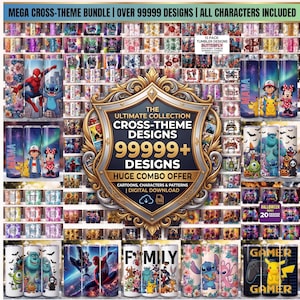 Può includere: Immagine promozionale che mostra un pacchetto di design per bicchieri. L'immagine presenta numerosi bicchieri con vari personaggi dei cartoni animati, motivi e temi. Il testo include "MEGA CROSS-THEME BUNDLE" e "99999+ DESIGNS".
