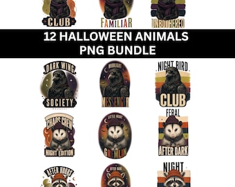 12 Retro Halloween Animal PNG Bundle, Raccoon Opossum Crow Black Cat, Vintage Halftone Grunge Sublimation Designs Digital Download