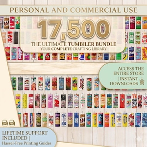 May include: A collection of tumbler designs with the text "17,500" and "The Ultimate Tumbler Bundle." The image includes various tumbler designs with different patterns and colors, along with the text "Personal and Commercial Use."
