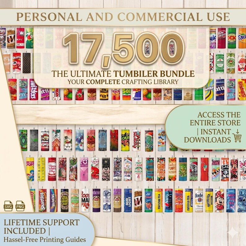 May include: A collection of tumbler designs with the text "17,500" and "The Ultimate Tumbler Bundle." The image includes various tumbler designs with different patterns and colors, along with the text "Personal and Commercial Use."