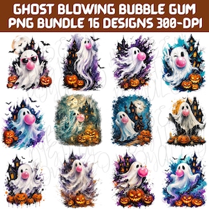 May include: A digital collection of 16 ghost illustrations, each featuring a white ghost blowing a pink bubble gum bubble, set against haunted houses, pumpkins, and bats. The text GHOST BLOWING BUBBLE GUM PNG BUNDLE 16 DESIGNS 300-DPI is at the top.