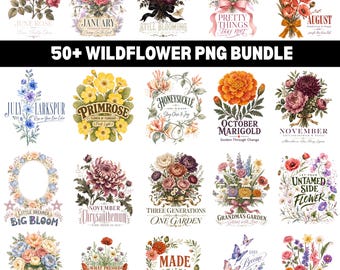 50+ Boho Wildflower PNG Bundle, Vintage Watercolor Botanical Sublimation Clipart, Floral Wildflower Nature Design, Birth Flowers Sublimation