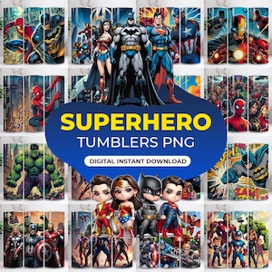 May include: A collection of superhero-themed tumblers featuring characters like Batman, Superman, and Wonder Woman. The tumblers showcase various comic book art styles and character designs. The image includes the text "SUPERHERO TUMBLERS PNG" and "DIGITAL INSTANT DOWNLOAD".