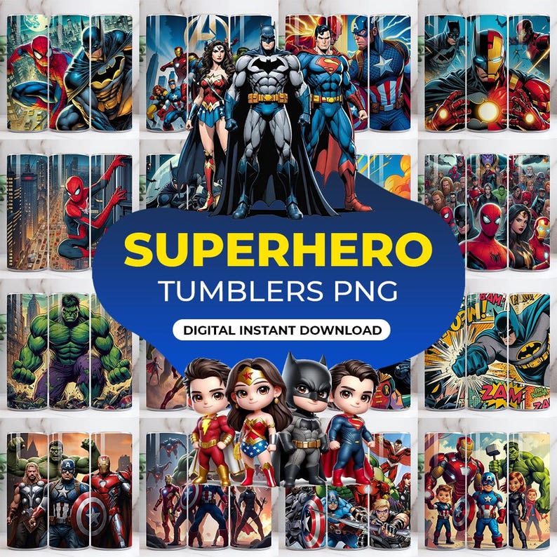 May include: A collection of superhero-themed tumblers featuring characters like Batman, Superman, and Wonder Woman. The tumblers showcase various comic book art styles and character designs. The image includes the text "SUPERHERO TUMBLERS PNG" and "DIGITAL INSTANT DOWNLOAD".