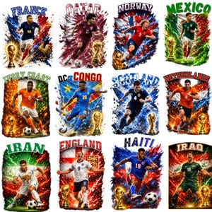 May include: A collection of soccer-themed graphics featuring players in action, each representing a different country. The designs incorporate national flags, soccer balls, and the text of the country's name. The graphics are vibrant and dynamic.