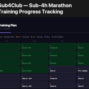 Puede incluir: Un plan de entrenamiento de maratón digital azul oscuro con el texto "Sub4Club - Sub-4h Marathon Training Progress Tracking". El plan muestra un programa de 16 semanas con objetivos semanales y seguimiento del progreso.