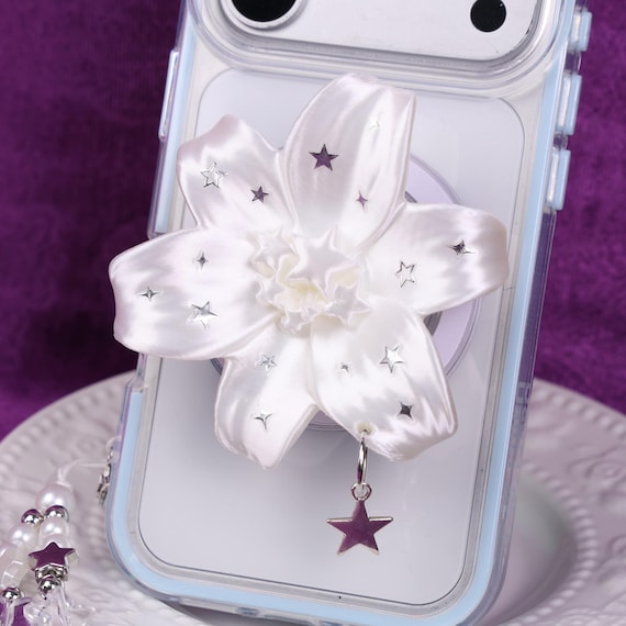 Y2K IPhone Magnetic Stand Apple Phone 3D Holder Star Beaded Chain Set Lily Flower Grip Rebellious Aesthetic PLA Metal Resin Decor Gift