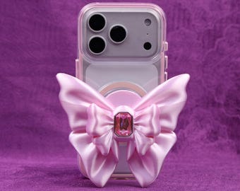 Magnetic Big Bow Phone Stand 3D Printed Silk Texture iPhone Holder Princess Aesthetic Magnetic Grip Pearl Zircon Cute Desk Decor Gift Her