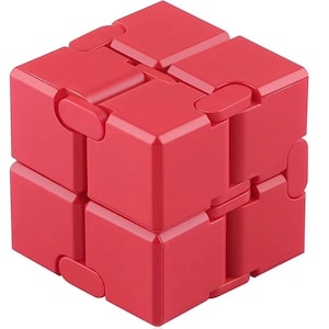 May include: A red infinity cube fidget toy. The cube is made of several connected smaller cubes that can be rotated and folded. The toy is a solid, vibrant red color and has a smooth, matte finish. It is designed for stress relief and hand dexterity.