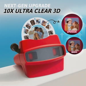 Pode incluir: Um brinquedo View-Master vermelho brilhante com o texto "NEXT-GEN UPGRADE 10X ULTRA CLEAR 3D". O brinquedo tem um carretel de imagem circular com fotos de um casal. Duas imagens circulares adicionais mostram o casal com as palavras "UPGRADE" e "BASIC".