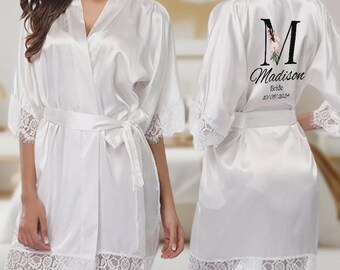 Personalized Bridal Party Robes – Embroidered Satin Bride & Bridesmaid Robe, Custom Name Wedding Getting Ready Outfit, Lace Trim Polyester