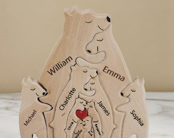 Rompecabezas de madera personalizado de familia de osos, nombres grabados, decoración personalizada para el hogar