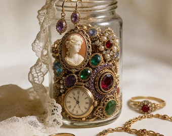 Vintage Mystery Jewelry Jar | Curated Gold Victorian Cameo & Pearl Accessories |