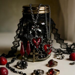 Puede incluir: Una colección de joyas de temática gótica, que incluye collares con colgantes de corazón, pendientes y anillos. Las joyas se exhiben en un tarro de cristal con tapa dorada, acentuado con encaje negro y cuentas. Los colgantes son rojos y plateados.