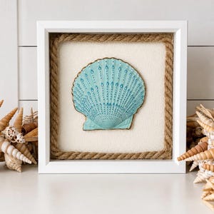Hand Painted Scallop Shell Art | Framed Coastal Decor, Beach House Shadow Box