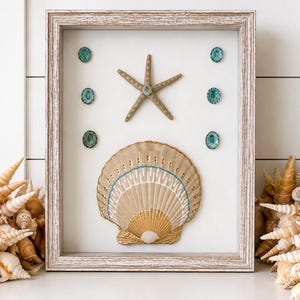 Décoration murale en coquillages Saint-Jacques peinte à la main | Encadrée | Style bord de mer | Boîte vitrine | Décoration murale nautique | Œuvre originale en coquillages