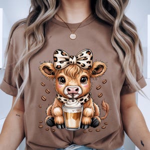 Shirt Highland Cow Coffee Lover, T-shirt Coquette Cow, Grafisch T-shirt Koe, Leopard Bow Cow, Koffieshirt Cowgirl, Leuke T-shirt Boerderijdieren