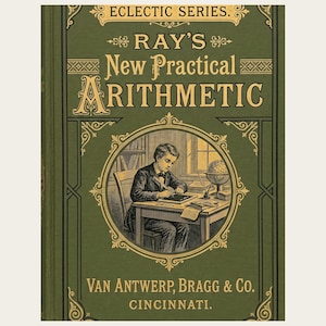 May include: A green hardcover book titled Ray's New Practical Arithmetic from the Eclectic Series. The cover features gold decorative borders and a central circular illustration of a person writing at a desk with a globe and books nearby.