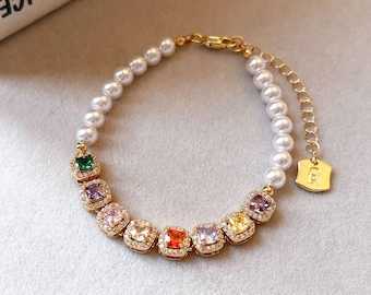 Guliya Colored Zircon Sugar Cube Pearl Bracelet for Women, Light Luxury Unique Exquisite Bracelet, New 2026 Style, Best Friend Jewelry