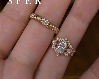 SFER Eden Night Vintage Ring, Twisted Vine & Leaf Design, Gold Shimmer with Zircon, Index Finger Ring