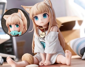 Kinako Figure, Sitting Pose Beautiful Girl Cat Girl Model with Fish, Anime 2D Ornament, Birthday Gift