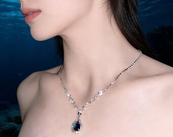 French Style Shimmering Ink Blue Waterdrop Zircon Necklace | Exquisite, High-Value, Elegant Lady Clavicle Chain