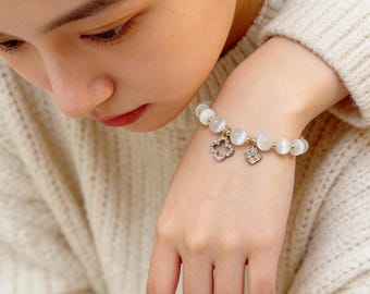 New Imitation Cat's Eye Clover Glass Bracelet, Elastic Rope, Niche Pearl Bracelet