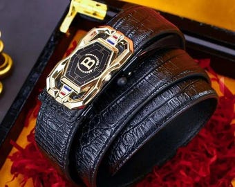 Men's Automatic Buckle Belt, Crocodile Pattern, Hidden Tail, Business Casual Style, High-end Waistband for Men