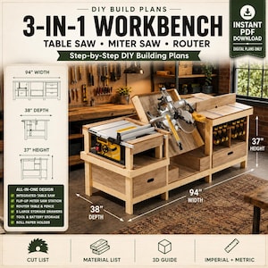 Table Saw Miter Saw Router Workbench Plans, Flip Top Miter Station, 5 Drawer Garage Workshop Bench, Digital PDF Download