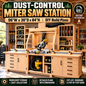 May include: A light-coloured wooden miter saw station with built-in dust collection, featuring a central saw area, multiple drawers, open shelving, and a black vacuum. Text reads: DUST-CONTROL MITER SAW STATION 96"W x 30"D x 84"H | DIY Build Plans.