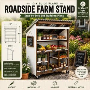 Könnte beinhalten: DIY-Baupläne für einen Straßen-Verkaufsstand mit weißem und dunklem Holzrahmen, Wellblechdach und Rollen. Die Pläne enthalten Diagramme mit Abmessungen von 182,88 cm Breite, 75,57 cm Tiefe und 208,28 cm Höhe.