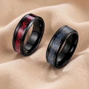 Black Celtic Dragon Ring, Carbon Fiber Inlay, Red Blue Wedding Band, Tungsten, Gothic Engagement