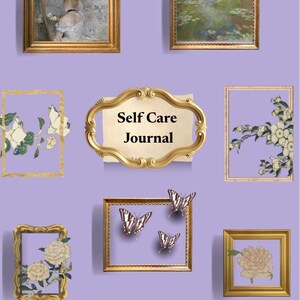 May include: An arrangement of framed artworks and decorative features against a lilac backdrop. The image showcases paintings, floral patterns, and butterfly motifs. A central frame displays the text "Self Care Journal".