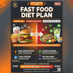 Peut inclure: Affiche promotionnelle pour un régime alimentaire axé sur la restauration rapide. L'affiche présente un hamburger, des frites et un repas sain. Le texte comprend "Fast Food Diet Plan", "Zero Deprivation" et "App Included". La palette de couleurs est noire, orange et verte.