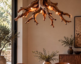 Lámpara de araña escultural con forma de raíz de árbol, lámpara colgante rústica con forma de rama, iluminación moderna y orgánica para el comedor.