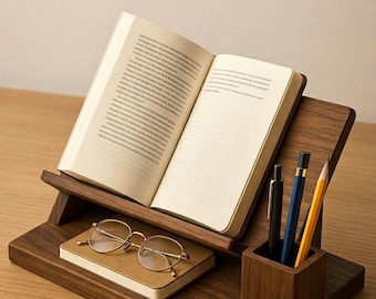 Organizador de mesa com suporte para livros em madeira, cor nogueira, porta-canetas, bandeja organizadora para mesa de estudo, presente para organização de mesa de escritório.