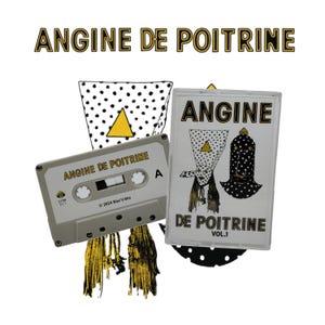 May include: Two cassette tapes and a graphic with the text "ANGINE DE POITRINE". The tapes are gray and white, with the text "ANGINE DE POITRINE" and "VOL.1". The graphic has a black and white polka dot pattern.