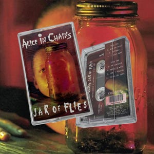 May include: A cassette tape and case for the Alice in Chains album "Jar of Flies." The album art features a jar with a face and the album title. The cassette case shows the track listing and the Columbia Records logo.