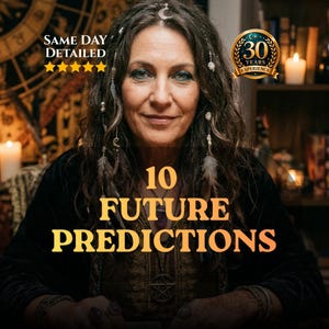 May include: A woman with long, wavy hair and a crescent moon hair accessory. The image includes text that reads "SAME DAY DETAILED" and "10 FUTURE PREDICTIONS." A gold seal reads "30 YEARS EXPERIENCE."