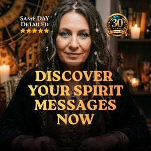 May include: A woman with long, wavy hair and a crescent moon hair accessory. The image features text that reads "DISCOVER YOUR SPIRIT MESSAGES NOW." Additional text includes "SAME DAY DETAILED" and "30 YEARS EXPERIENCE."