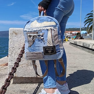Zaino ergonomico, zaino in denim unico fatto a mano con dettagli in pelle, zaino per tutti i giorni da donna, zaino in denim