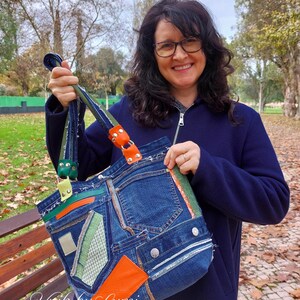 Abstract Picasso Shoulder Jeans Bag | Upcycled Denim Tote Bag with Leather Accents | Large Denim Shoulder Bag Handmade Hobo Handbag Leather