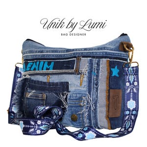 手作りのデニムバッグ｜リサイクルジーンズバッグ（女性用）｜手描き｜ショルダージーンズバッグ｜クロスボディジーンズバッグ（調節可能なストラップ付き）