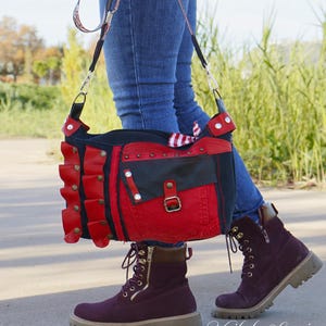 Red Denim Crossbody Bag | Handmade Recycled Jeans Bags for Women | Black Handbag Denim Tote Bag | Hobo Handbag Leather | Shoulder Jeans Bag