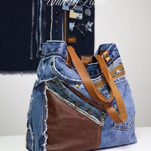 Handcrafted Recycled Jeans Bag for Women | Upcycled Denim Tote Bag with Camel and Brown Leather Accents | Leather Tote Bag with Denim