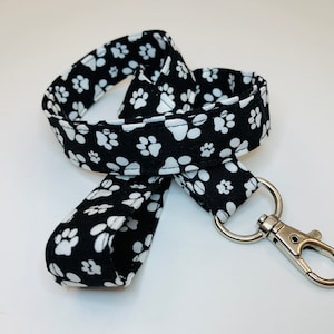 Black & White Paw Prints Lanyard - Optional Breakaway Clasp - Cotton Fabric - Key / ID / Badge Holder